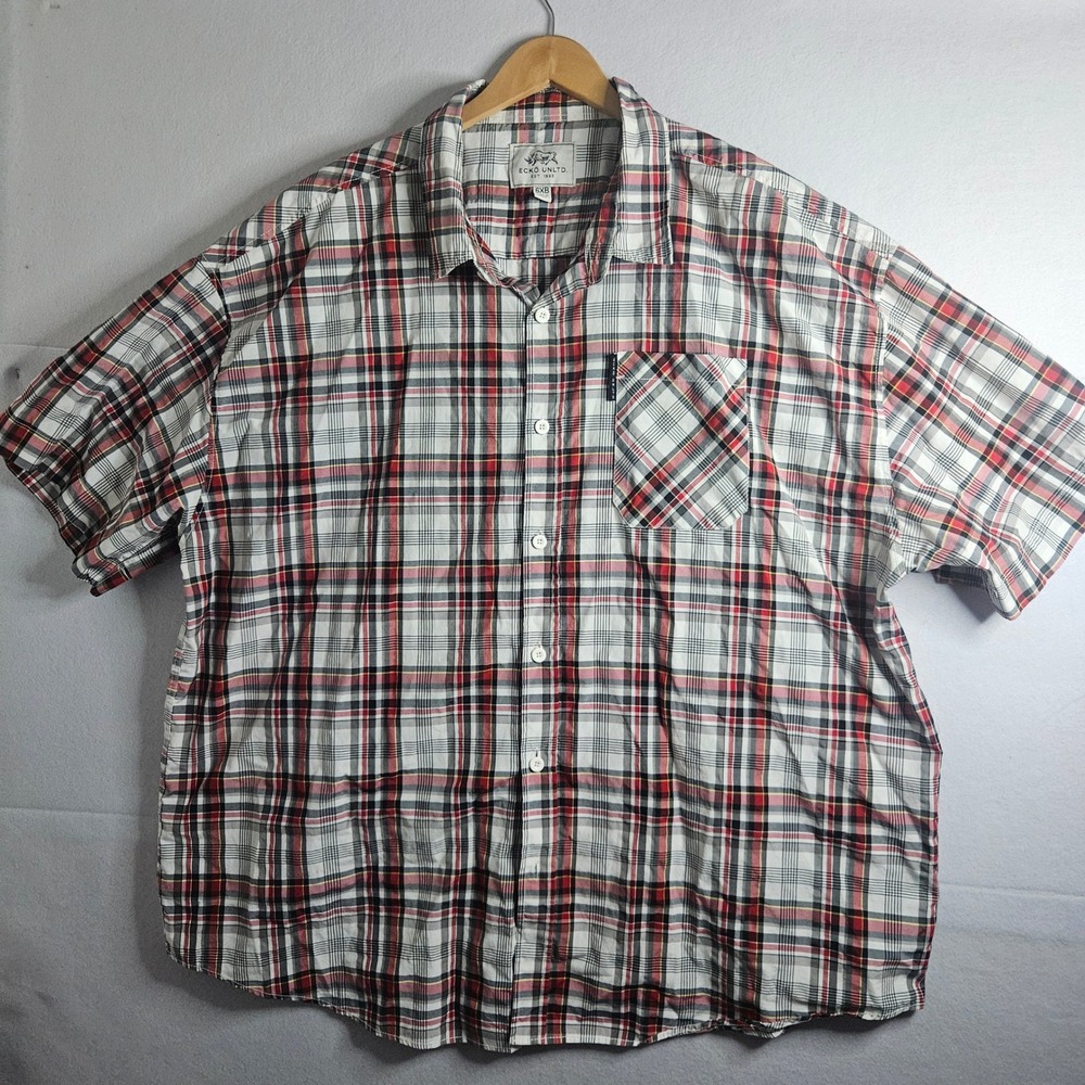 Ecko Unltd Mens 6XB Short Sleeve Plaid Button Down Shirt Red Black Big Tall